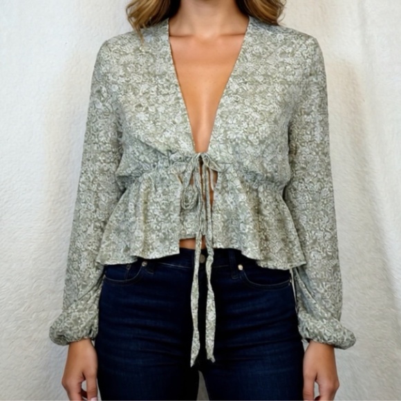 Dynamite Tops - Dynamite Blouse Womens Size Large Beige Floral Cottagecore Boho Cropped Semi She